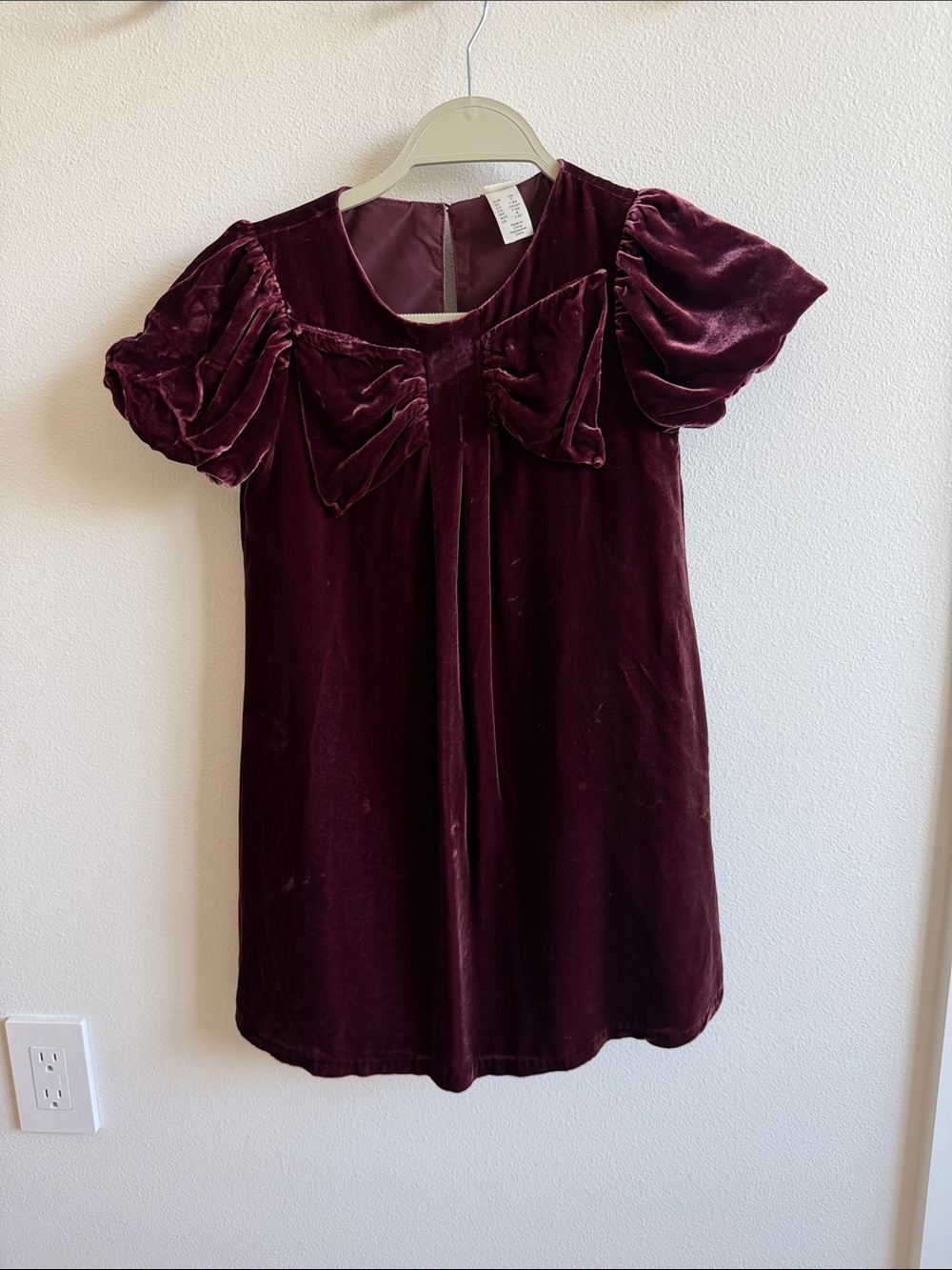 H&M Girls Velvet Dress with Decorative Bow in Burgundy
